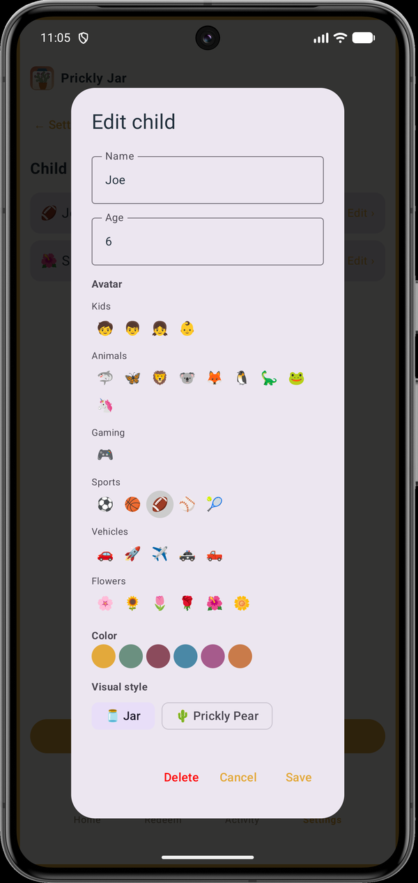 Customizing a child's name, age, avatar, color, and jar style