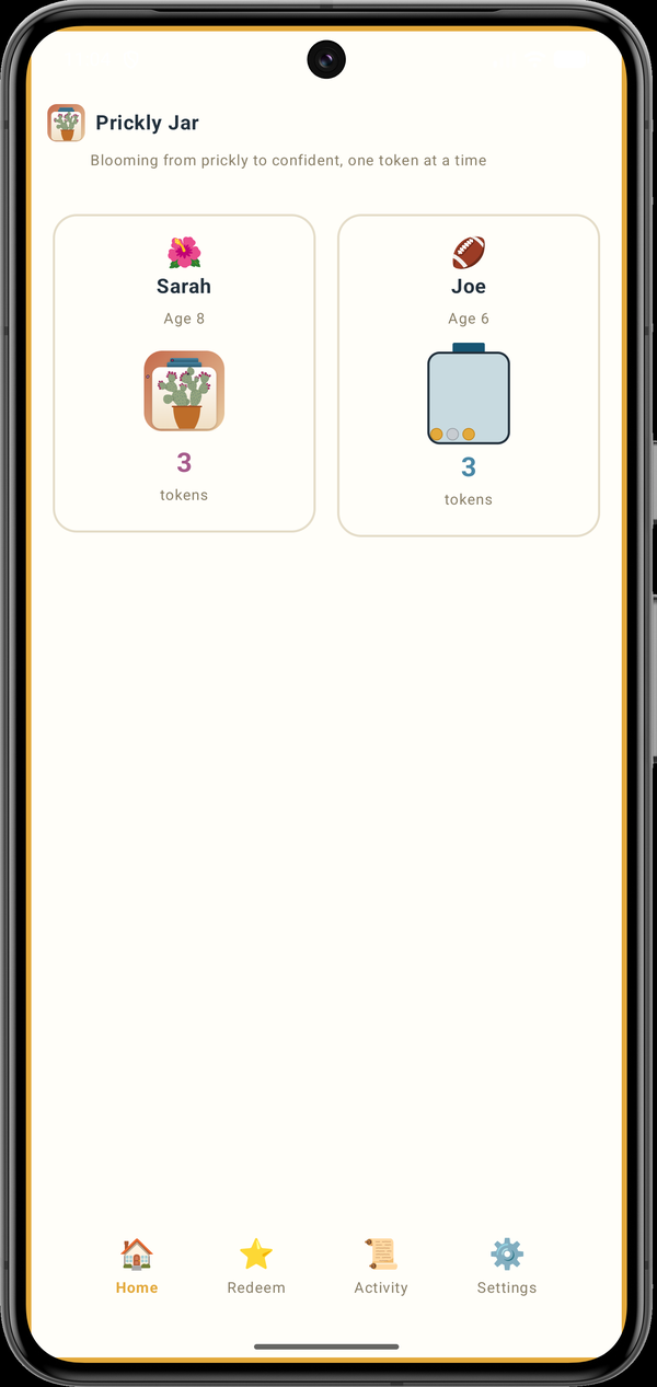 Prickly Jar Home screen showing each child's token balance